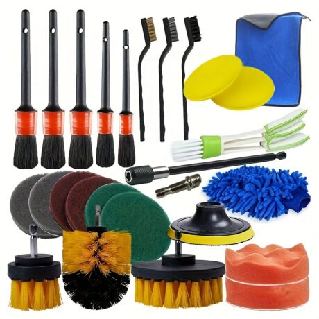 Complete Car Detailing Kit: 26-Piece Brushes, Drill Brush, and Wheel Cleaner