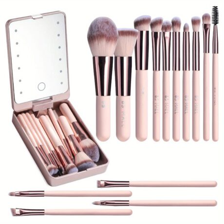 14-Piece Mini Travel Makeup Brush Set with LED Light Mirror - Portable Foundation, Powder, Concealers, Eye Shadows Makeup Kit - Compact, Travel-Friendly, Easy-to-Use, Soft Bristles, Multi-Functional