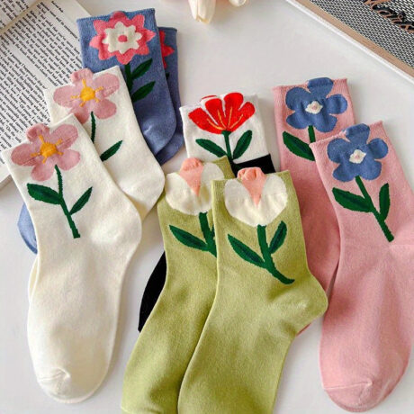 5 Pairs of Whimsical Cartoon Flower Print Mid-Length Socks for Women - Breathable, Casual, Kawaii Harajuku Style Socks with Candy Color Design - Perfect for Everyday Wear