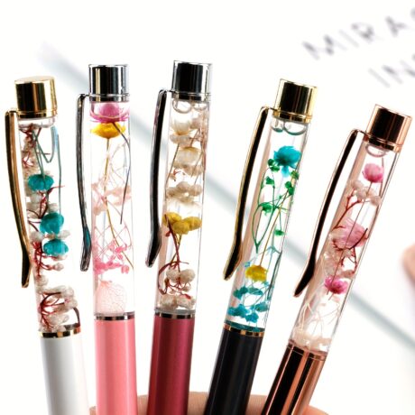 Dried Flower Ballpoint Pens - 5 Pack Metal Twist Pens with Medium Point and Round Body, Blue Ink Writing Pens for Ages 14+ School and Desk Supplies