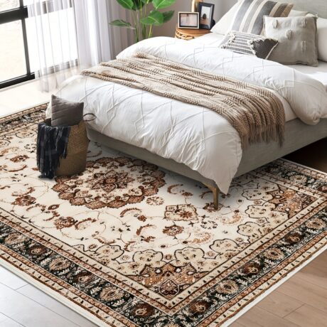Washable Vintage Area Rug, Traditional Oriental Medallion Floral Design, Stain Resistant Indoor Print Carpet For Entryway Bedroom Living Room Office Kitchen, Beige Brown
