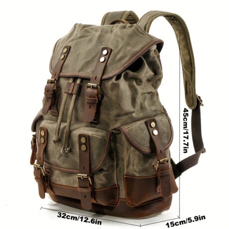 Large Capacity Vintage Canvas Backpack - Durable Stitched Leather Trim, Casual Student School Bag, Mountaineering Travel Companion with Multiple Compartments and Padded Shoulder Straps for Comfortable Carrying